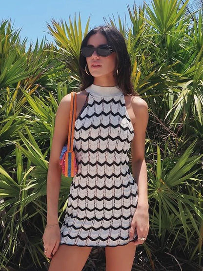 Summer Dresses- Summer Zigzag Crochet Mini Dress- Black and White- Chuzko Women Clothing