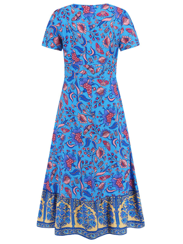 Sunny Season Style A-Line Surplice V-Neck Midi Dress with Florals