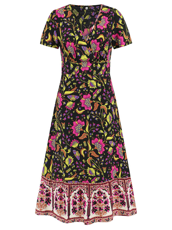 Sunny Season Style A-Line Surplice V-Neck Midi Dress with Florals