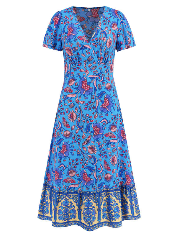 Sunny Season Style A-Line Surplice V-Neck Midi Dress with Florals