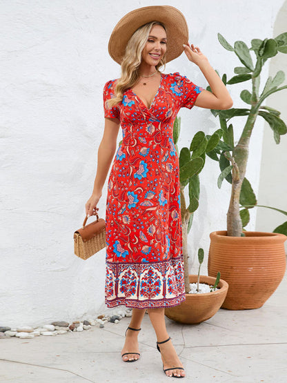 Sunny Season Style A-Line Surplice V-Neck Midi Dress with Florals