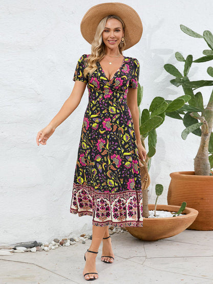 Sunny Season Style A-Line Surplice V-Neck Midi Dress with Florals