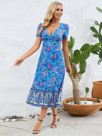 A-Linien-Midikleid im Sunny Season Style mit Überwurf, V-Ausschnitt und Blumenmuster