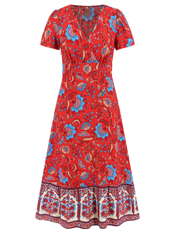 Sunny Season Style A-Line Surplice V-Neck Midi Dress with Florals