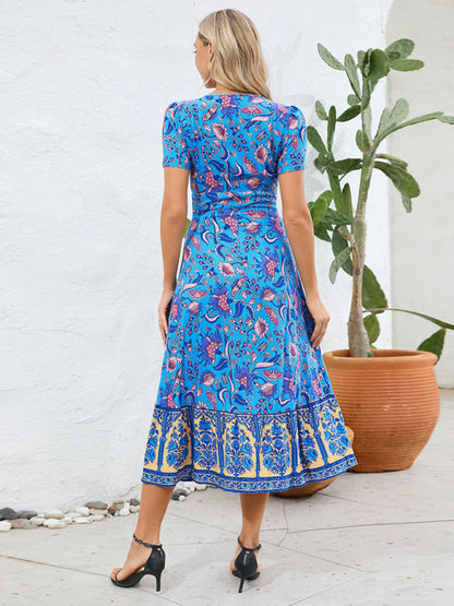 A-Linien-Midikleid im Sunny Season Style mit Überwurf, V-Ausschnitt und Blumenmuster