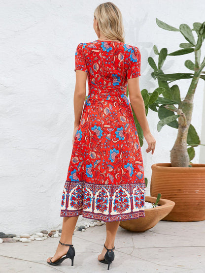 Sunny Season Style A-Line Surplice V-Neck Midi Dress with Florals