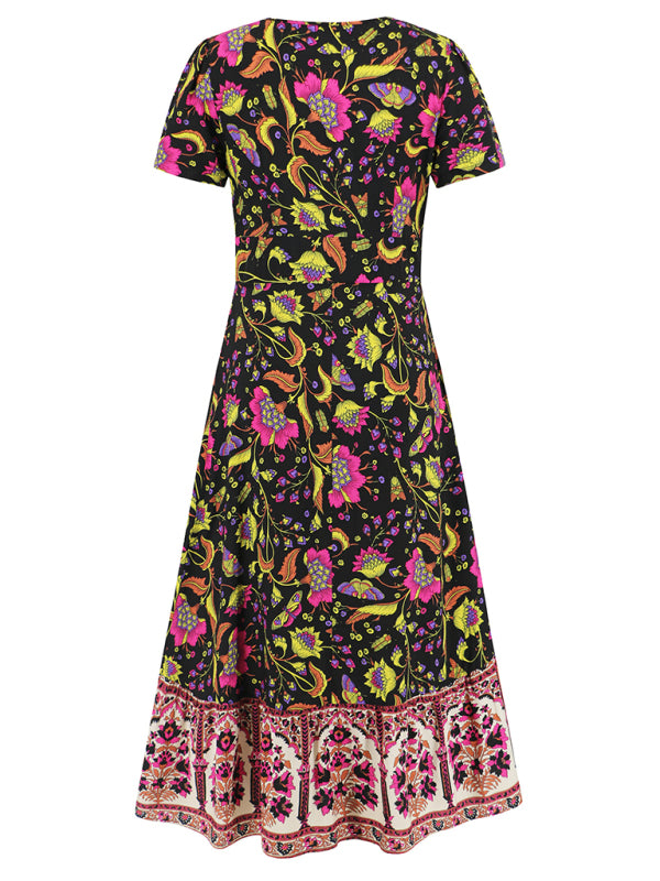 Sunny Season Style A-Line Surplice V-Neck Midi Dress with Florals