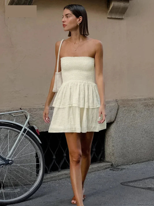Summer Dresses- Textured Cotton Layered Tube Mini Dress- Beige- Pekosa Women Fashion