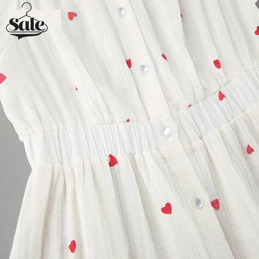 Summer Dresses- White and Red Heart Cotton Off-Shoulder Dress- - Chuzko Women Clothing