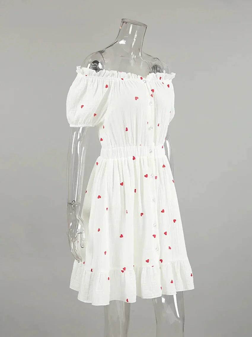 Summer Dresses- White and Red Heart Cotton Off-Shoulder Dress- - Chuzko Women Clothing