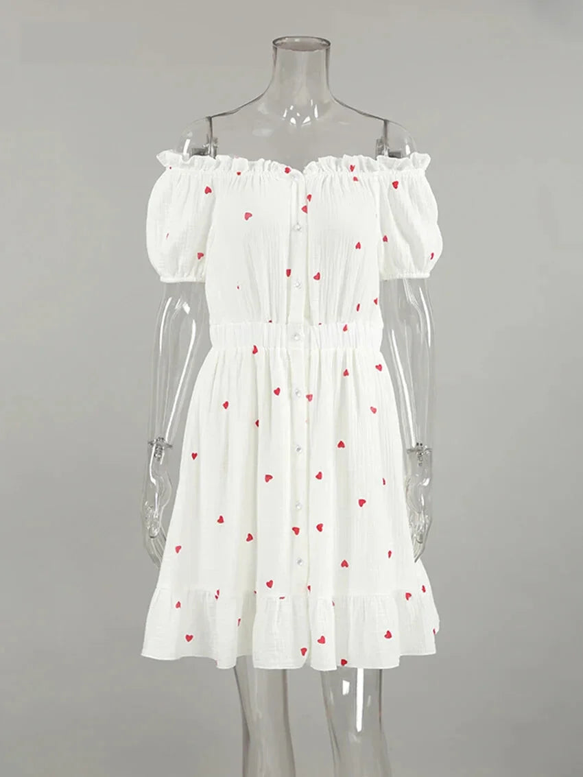 Summer Dresses- White and Red Heart Cotton Off-Shoulder Dress- - Chuzko Women Clothing