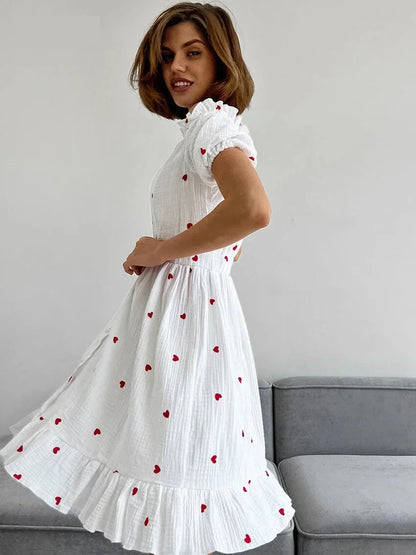 Summer Dresses- White and Red Heart Cotton Off-Shoulder Dress- - Chuzko Women Clothing