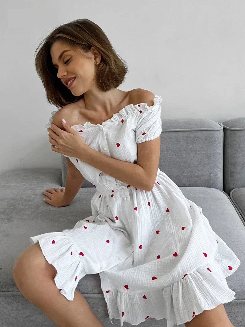 Summer Dresses- White and Red Heart Cotton Off-Shoulder Dress- - Chuzko Women Clothing