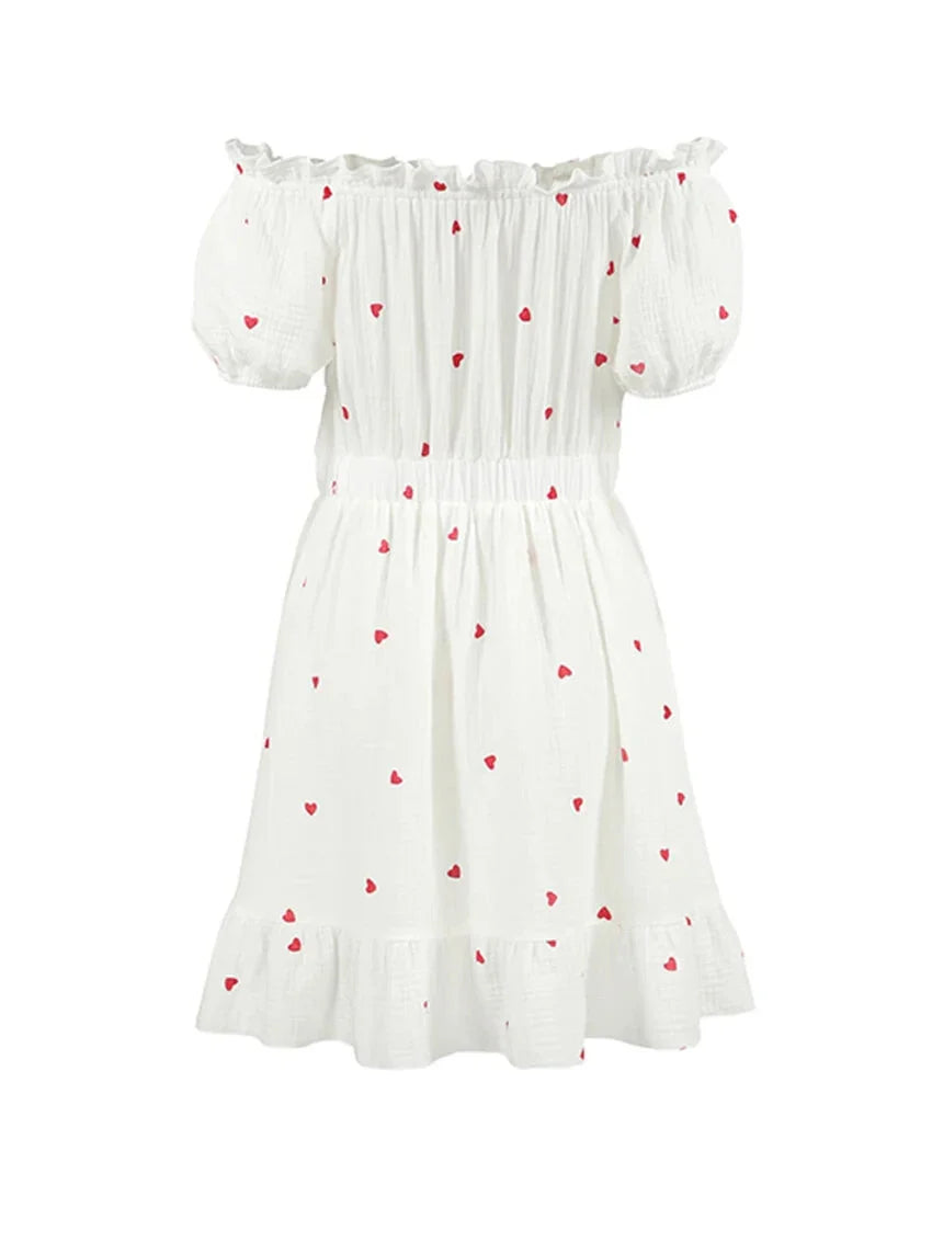 Summer Dresses- White and Red Heart Cotton Off-Shoulder Dress- - Chuzko Women Clothing