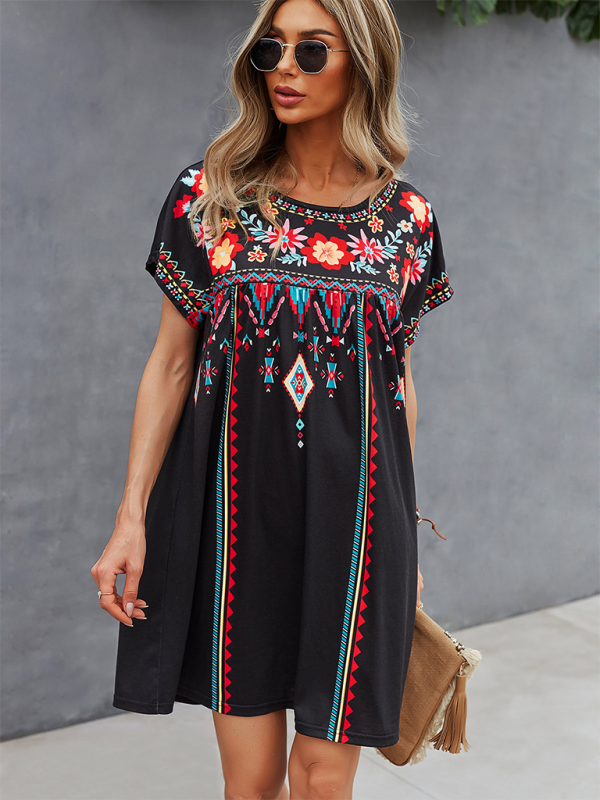 Women Boho Folk Floral Tee Dress - Short Sleeve Sundress