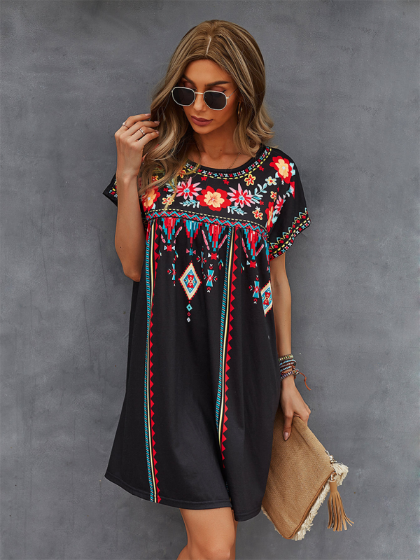 Women Boho Folk Floral Tee Dress - Short Sleeve Sundress