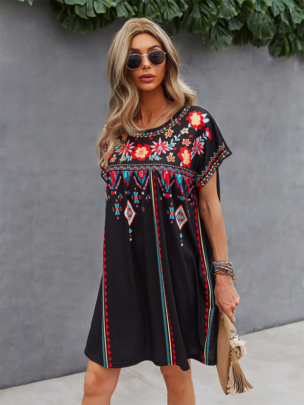 Women Boho Folk Floral Tee Dress - Short Sleeve Sundress