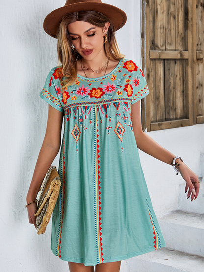 Women Boho Folk Floral Tee Dress - Short Sleeve Sundress