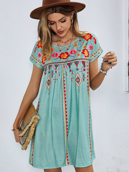 Women Boho Folk Floral Tee Dress - Short Sleeve Sundress