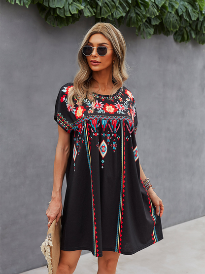 Women Boho Folk Floral Tee Dress - Short Sleeve Sundress