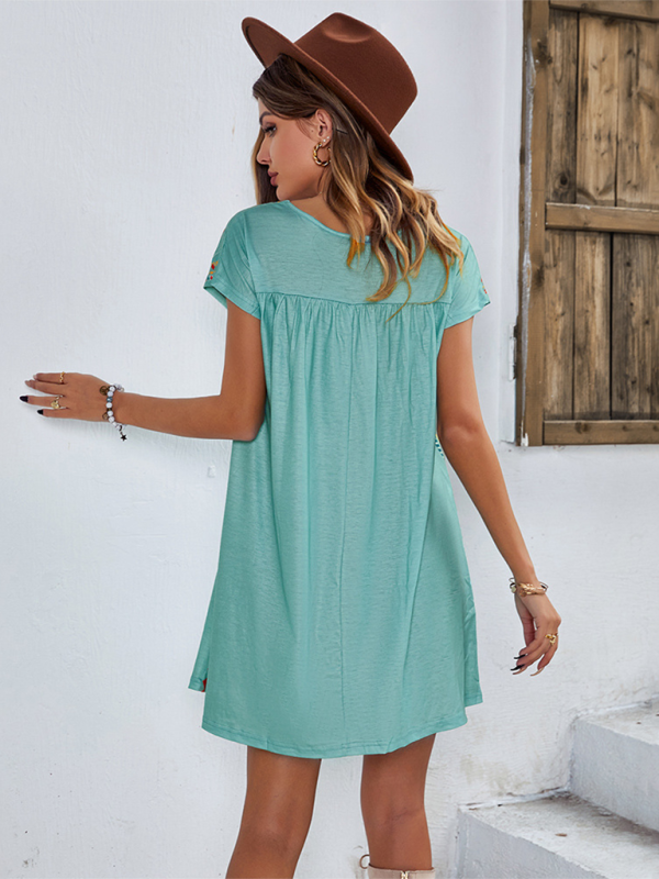 Women Boho Folk Floral Tee Dress - Short Sleeve Sundress