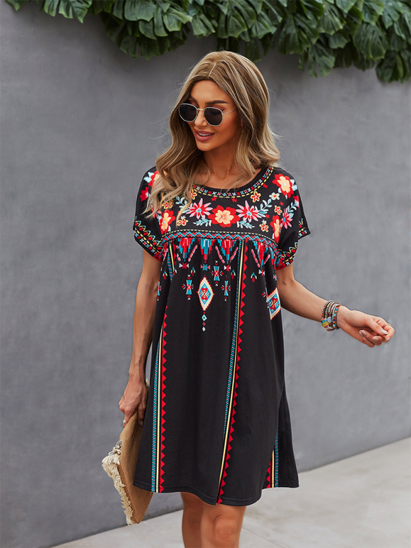 Women Boho Folk Floral Tee Dress - Short Sleeve Sundress