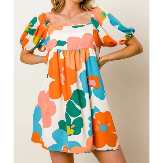Summer Dresses- Women Empire Waist Floral Sundress - Puff Sleeve Dress- Orange Floral Print- Pekosa Women Fashion