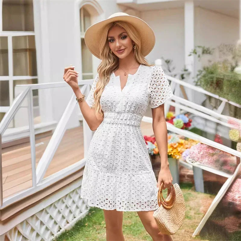 Summer Dresses- Women Solid Eyelet Dress for Summer Cocktails- White- Chuzko Women Clothing