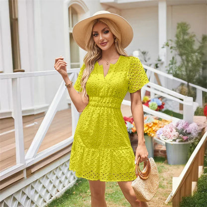 Summer Dresses- Women Solid Eyelet Dress for Summer Cocktails- Yellow- Chuzko Women Clothing