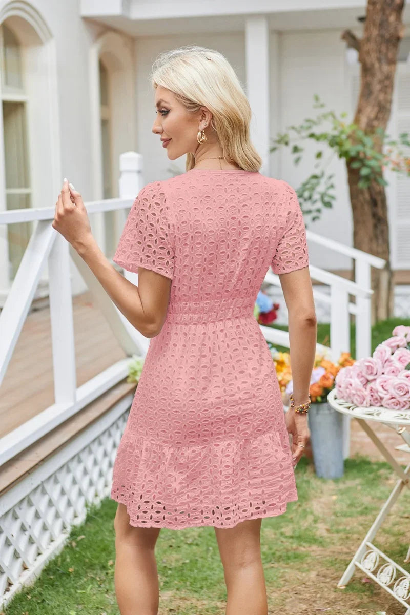 Summer Dresses- Women Solid Eyelet Dress for Summer Cocktails- - Chuzko Women Clothing