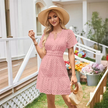 Summer Dresses- Women Solid Eyelet Dress for Summer Cocktails- Pink- Chuzko Women Clothing