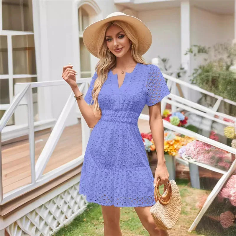 Summer Dresses- Women Solid Eyelet Dress for Summer Cocktails- Light Blue- Chuzko Women Clothing