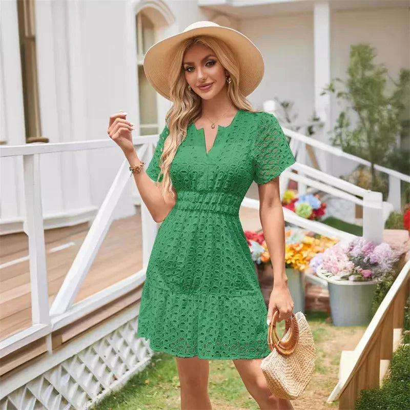 Summer Dresses- Women Solid Eyelet Dress for Summer Cocktails- Green- Chuzko Women Clothing