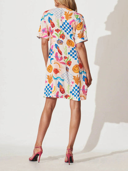 Summer Dresses- Women's Colorful Button-Up A-Line Dress with Short Sleeves- - Pekosa Women Fashion