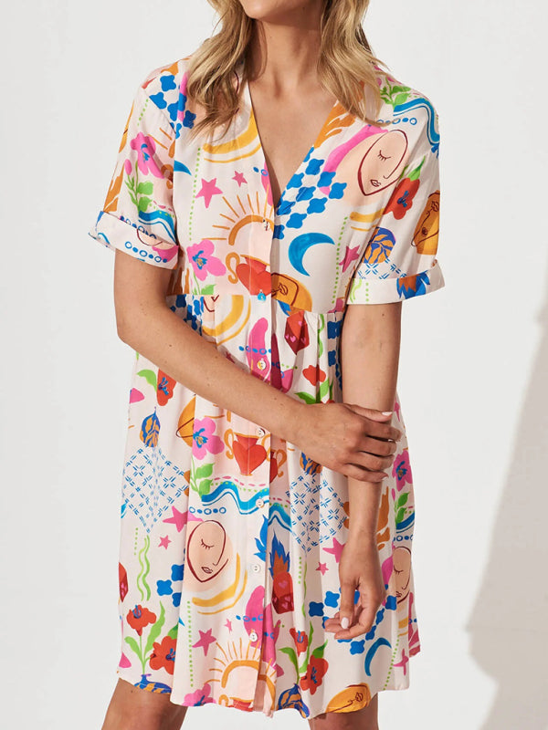 Summer Dresses- Women's Colorful Button-Up A-Line Dress with Short Sleeves- - Pekosa Women Fashion