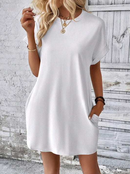 Summer Dresses- Women's Crew Neck Tee Dress in Solid Color- White- Pekosa Women Fashion