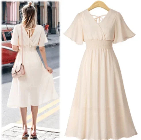 Elegant A-Line Midi Dress with Smocked Waist