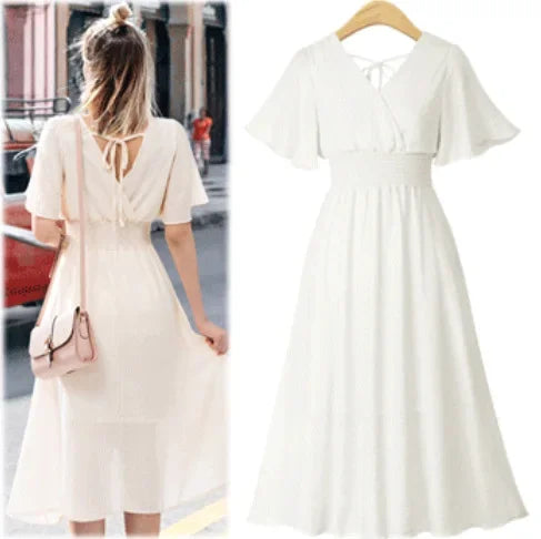 Elegant A-Line Midi Dress with Smocked Waist