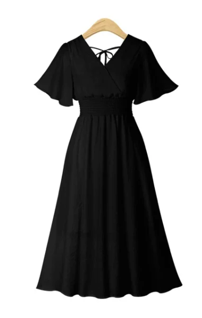 Robe mi-longue trapèze élégante avec taille smockée