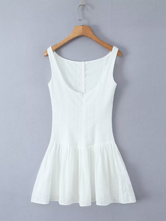 Summer Dresses- Women's Embroidered Drop-Waist Summer Cocktail Dress- White- Pekosa Women Fashion