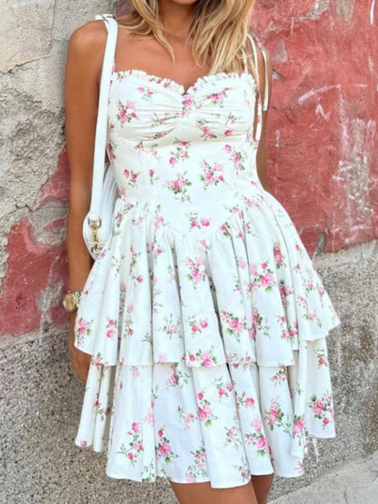 Damen Sommerkleid mit Blumenmuster, herzförmigem Ausschnitt und Bindeband an den Schultern