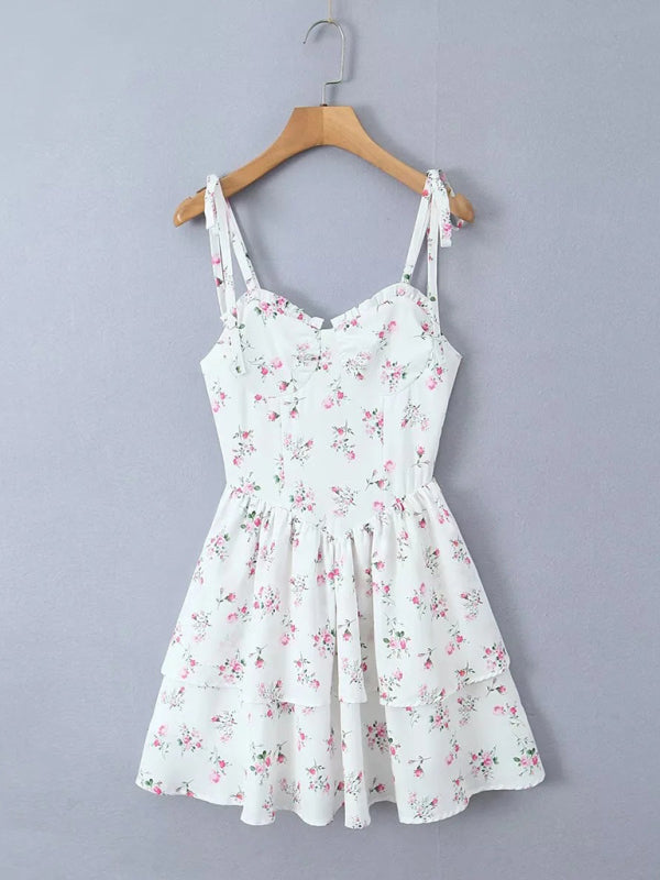 Damen Sommerkleid mit Blumenmuster, herzförmigem Ausschnitt und Bindeband an den Schultern