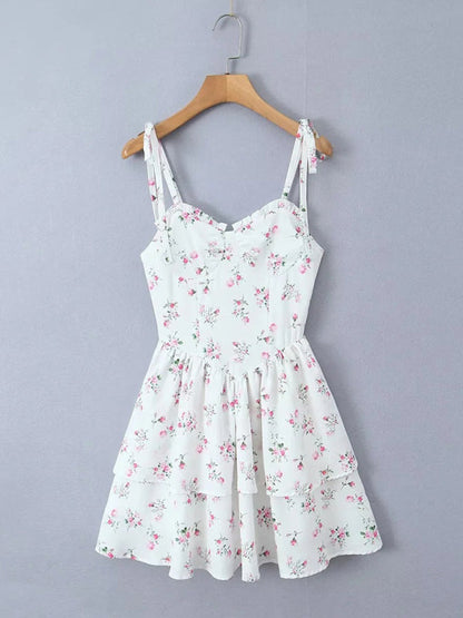 Women's Floral Sweetheart A-Line Layered Sundress with Tie-Shoulder