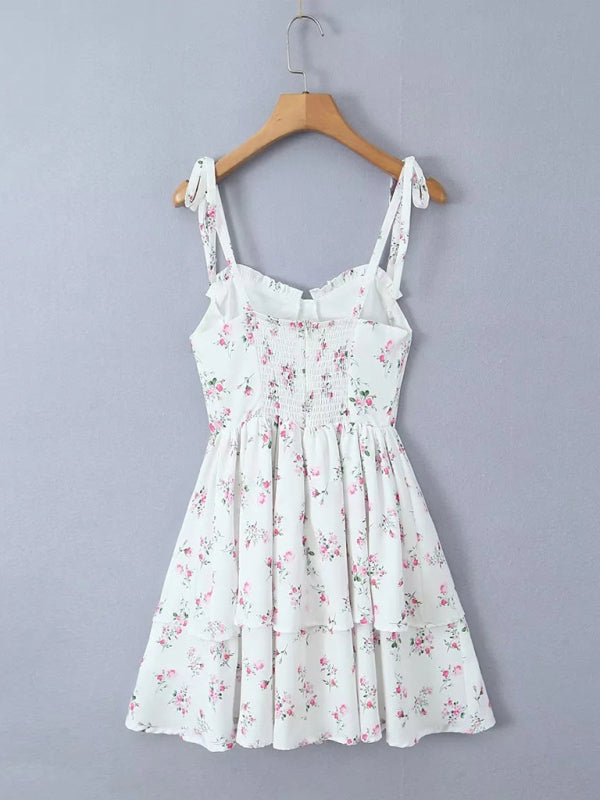 Women's Floral Sweetheart A-Line Layered Sundress with Tie-Shoulder