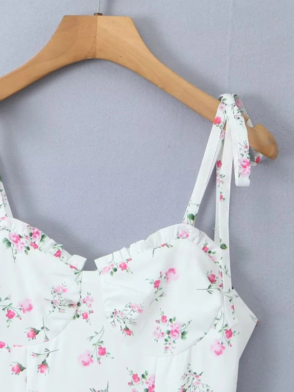 Robe d'été trapèze superposée à fleurs pour femmes avec épaule nouée