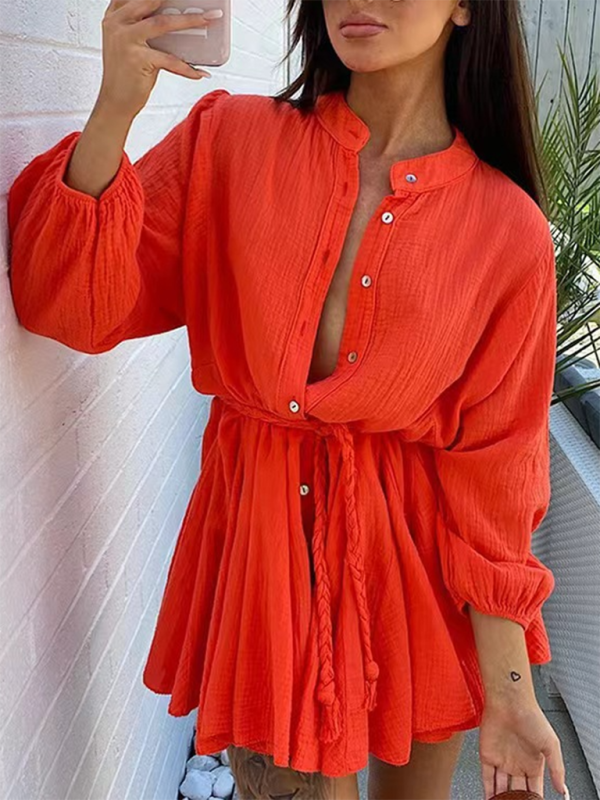 Summer Dresses- Women's Textured Button-Up Lantern Sleeve Dress for Beach Vacations- Orange- Pekosa Women Fashion