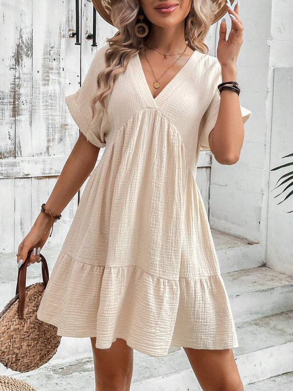 Summer Dresses- Women's Textured Loose Sundress with Short Sleeves- - Chuzko Women Clothing