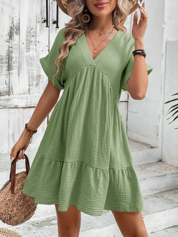 Summer Dresses- Women's Textured Loose Sundress with Short Sleeves- - Chuzko Women Clothing