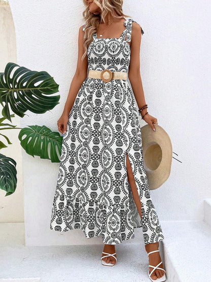 Summer Dresses- Women's Tie-Shoulder Geo Print Midi Dress with Slits- - Chuzko Women Clothing