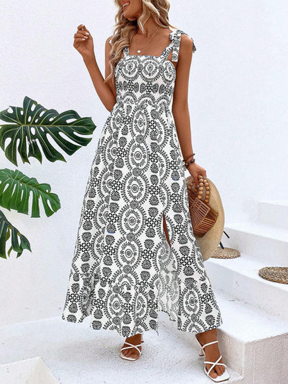 Summer Dresses- Women's Tie-Shoulder Geo Print Midi Dress with Slits- - Chuzko Women Clothing